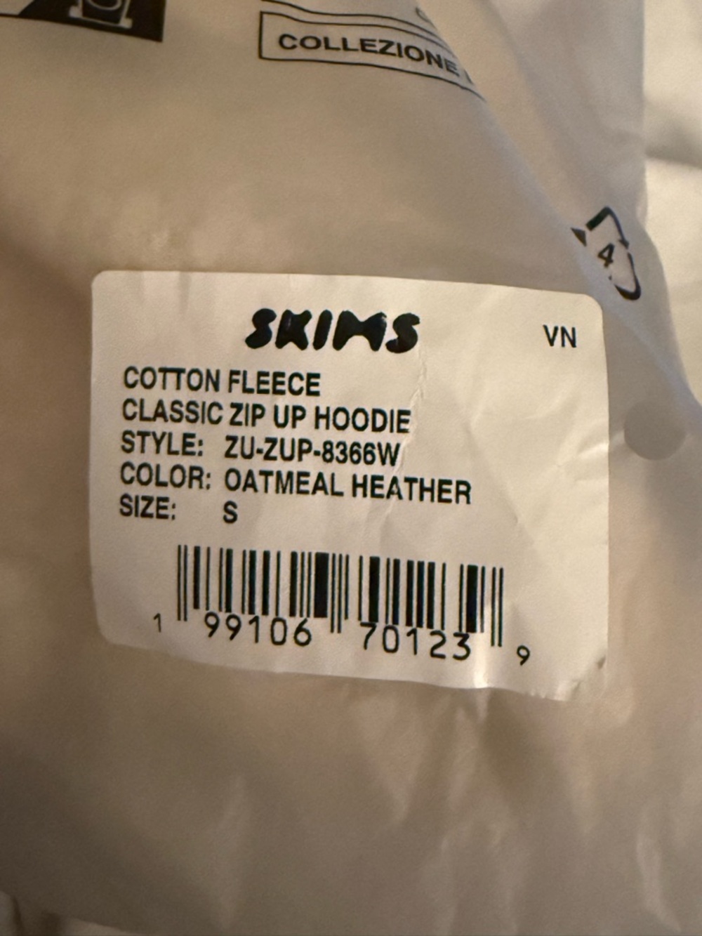 SKIMS COTTON FLEECE CLASSIC ZIP UP HOODIE IN OATMEAL HEATHER SIZE SMALL - Picture 7 of 7